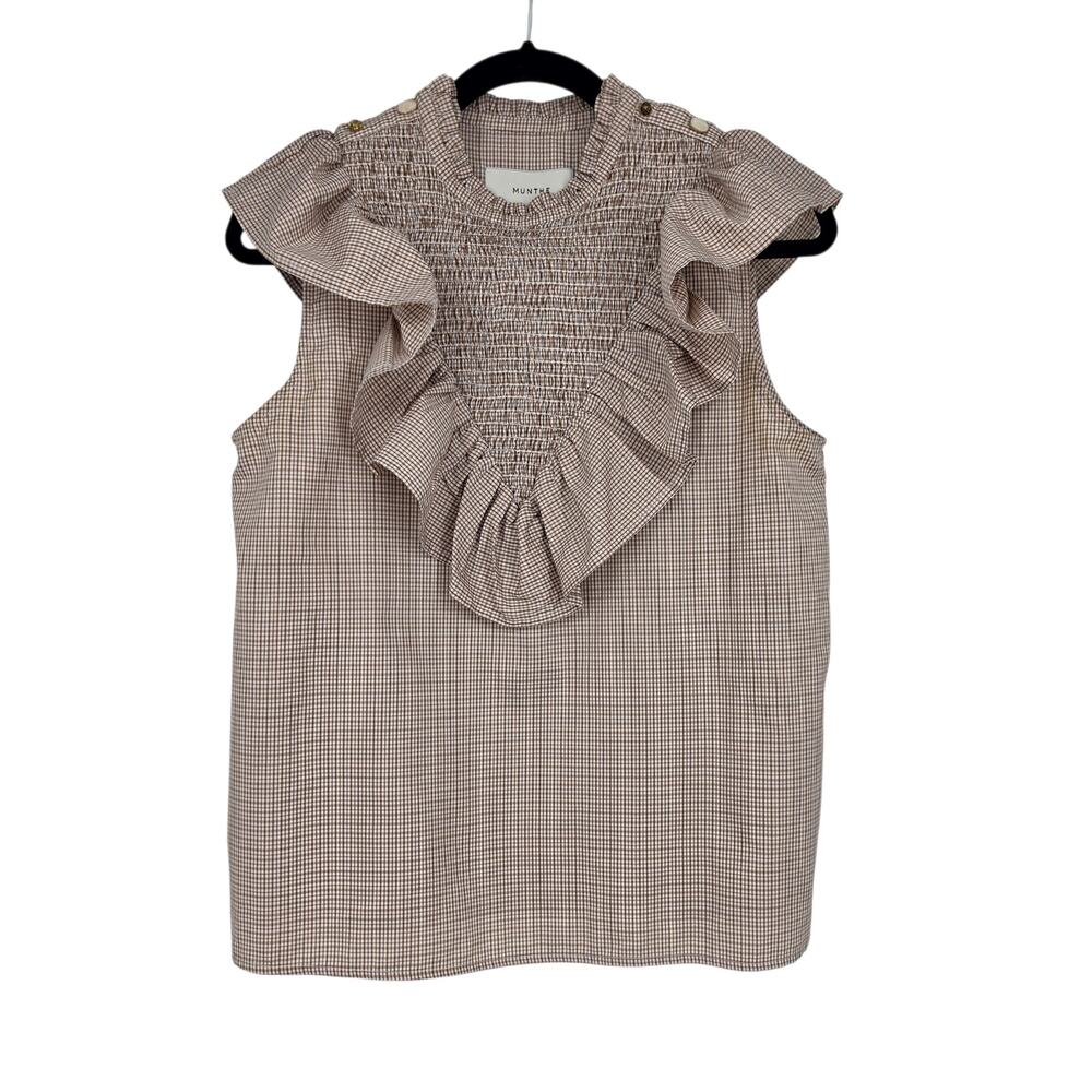 NWT Munthe Brown Plaid Rossi Smocked Sleeveless High Neck Ruffle Top Size 34/2